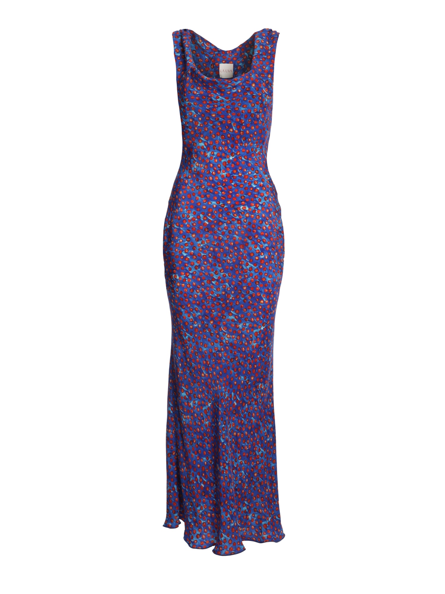 Vestito donna morbido, lungo a pois, senza maniche, con scollo quadrato e lacci in vita. Color blu e arancio. 100% cupro, made in Italy. Acquista online!