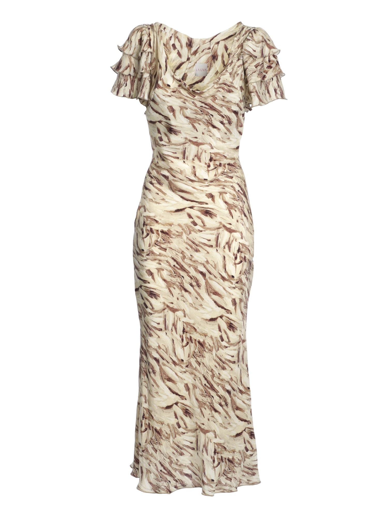 Vestito donna morbido, midi in fantasia astratta, maniche corte a balze, scollo quadrato. 100% cupro naturale, made in Italy. Color bianco, crema e marrone. Acquista online!