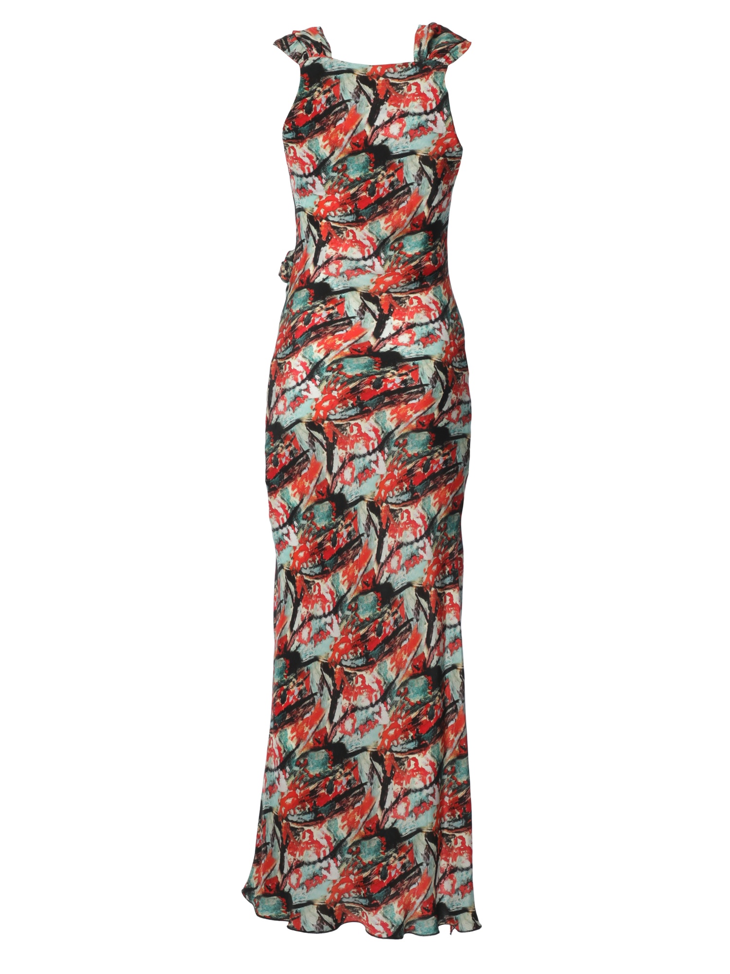 Woman dress, long in abstract pattern, sleeveless, square neckline, with knots and side slit. Green, red and black color. 100% natural cupro, made in Italy. Find out online!