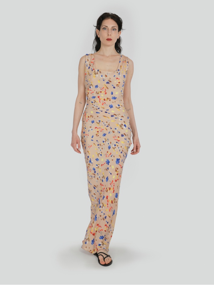 Vestito donna morbido, lungo in fantasia a fiori, senza maniche, scollo quadrato e lacci in vita. Color beige, blu e rosso. 100% cupro, made in Italy. Acquista online! 2