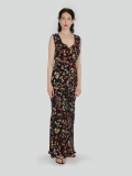 Woman long black soft dress in floral pattern without sleeves with square neckline and ties at the waist. Black, red and yellow color. 100% cupro, made in Italy. Buy online!