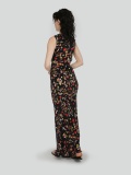 Woman long black soft dress in floral pattern without sleeves with square neckline and ties at the waist. Black, red and yellow color. 100% cupro, made in Italy. For sale online!