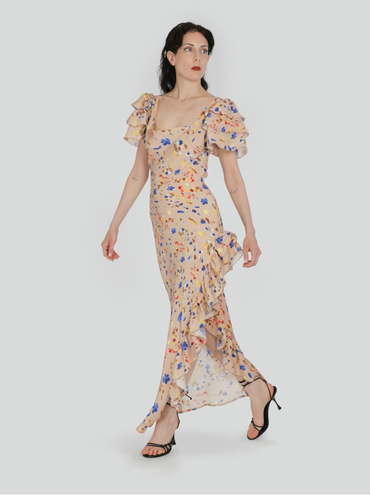 Vestito donna, lungo in fantasia a fiori, con maniche corte a balze, scollo quadrato, con spacco laterale. 100% cupro naturale, made in Italy. Color beige, blue e rosso. Acquista online! 2