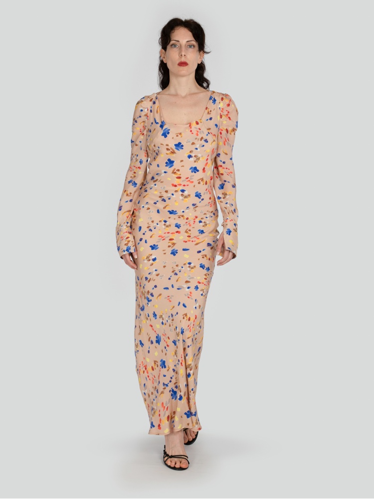 Woman dress, long in floral pattern, long sleeves and cuffs, square neckline with open back and laces. Beige, blue and red color. 100% natural cupro, made in Italy. Buy online! 2