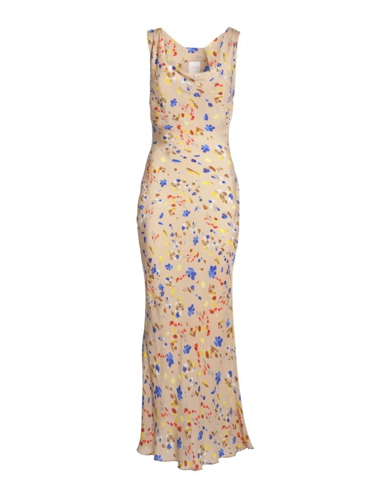 Vestito donna morbido, lungo in fantasia a fiori, senza maniche, scollo quadrato e lacci in vita. Color beige, blu e rosso. 100% cupro, made in Italy. Acquista online!