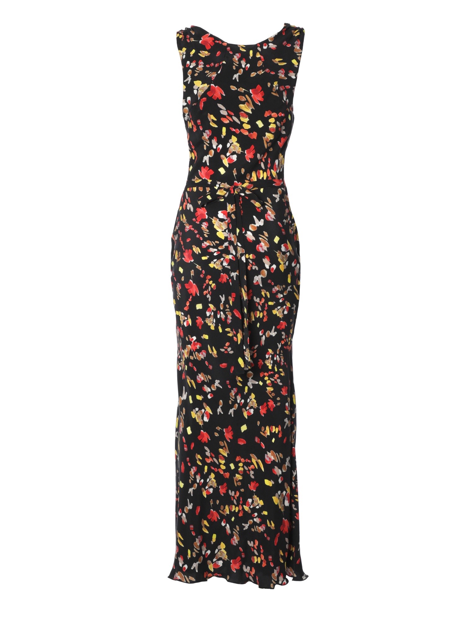 Woman long black soft dress in floral pattern without sleeves with square neckline and ties at the waist. Black, red and yellow color. 100% cupro, made in Italy. Find out online!