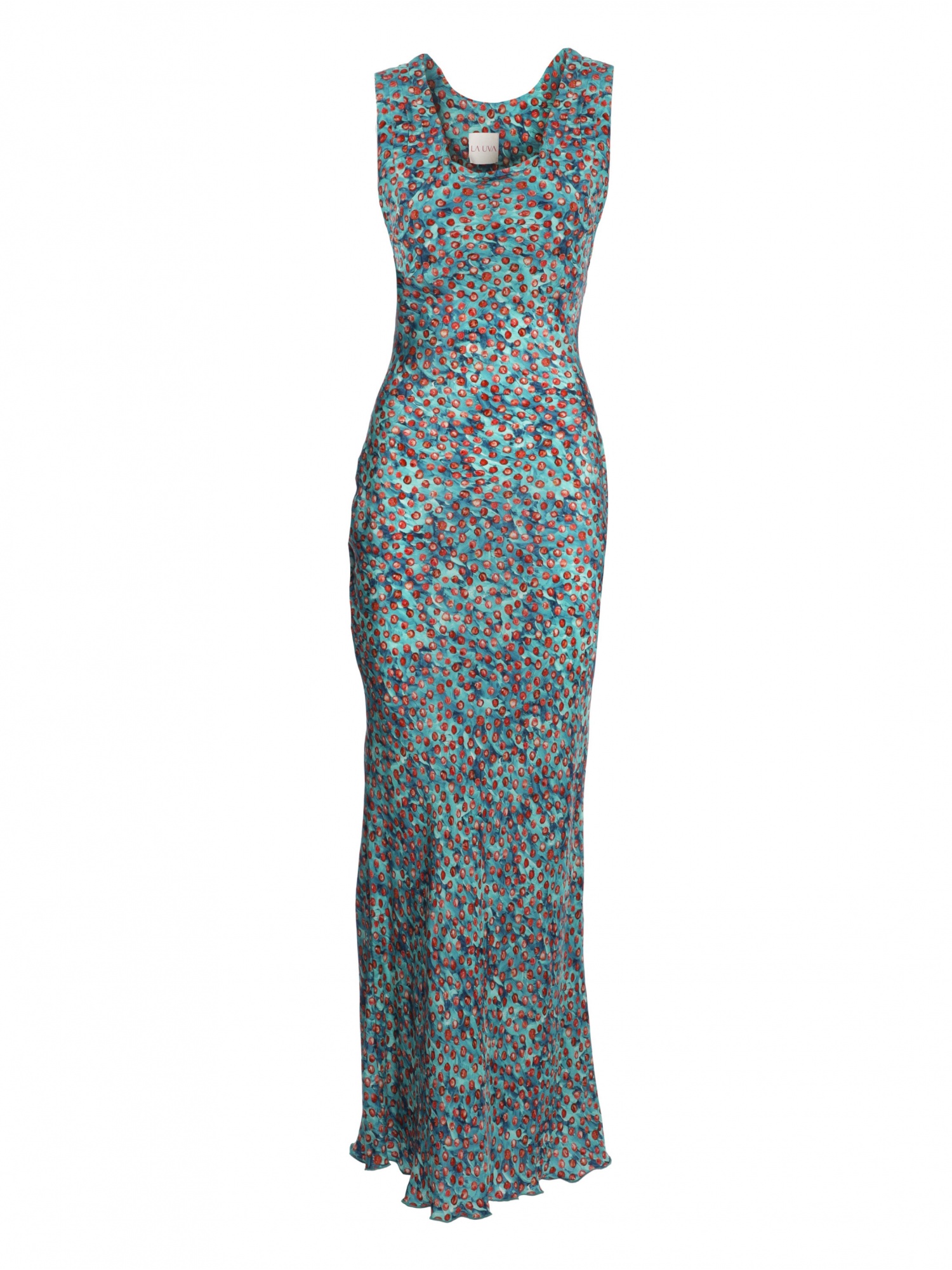 Vestito morbido donna, lungo a pois, senza maniche, scollo quadrato e lacci in vita. Color verde e rosa. 100% cupro, made in Italy. Acquista online!