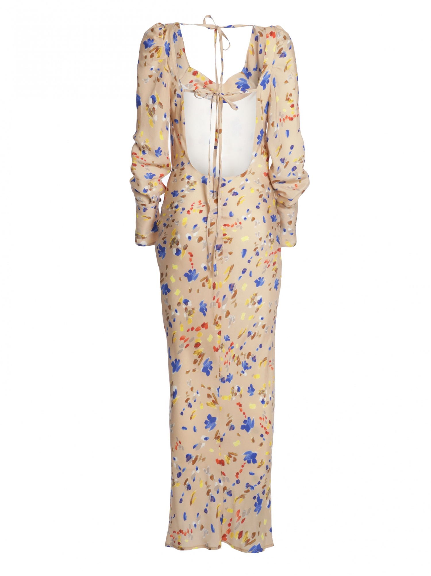 Woman dress, long in floral pattern, long sleeves and cuffs, square neckline with open back and laces. Beige, blue and red color. 100% natural cupro, made in Italy. Find out online!