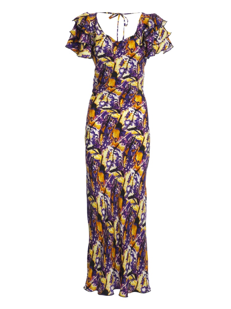 Soft woman dress, long in abstract pattern, square neckline with short flounced sleeves, back outside and laces. Purple and yellow color. 100% cupro, made in Italy. Buy online! 2