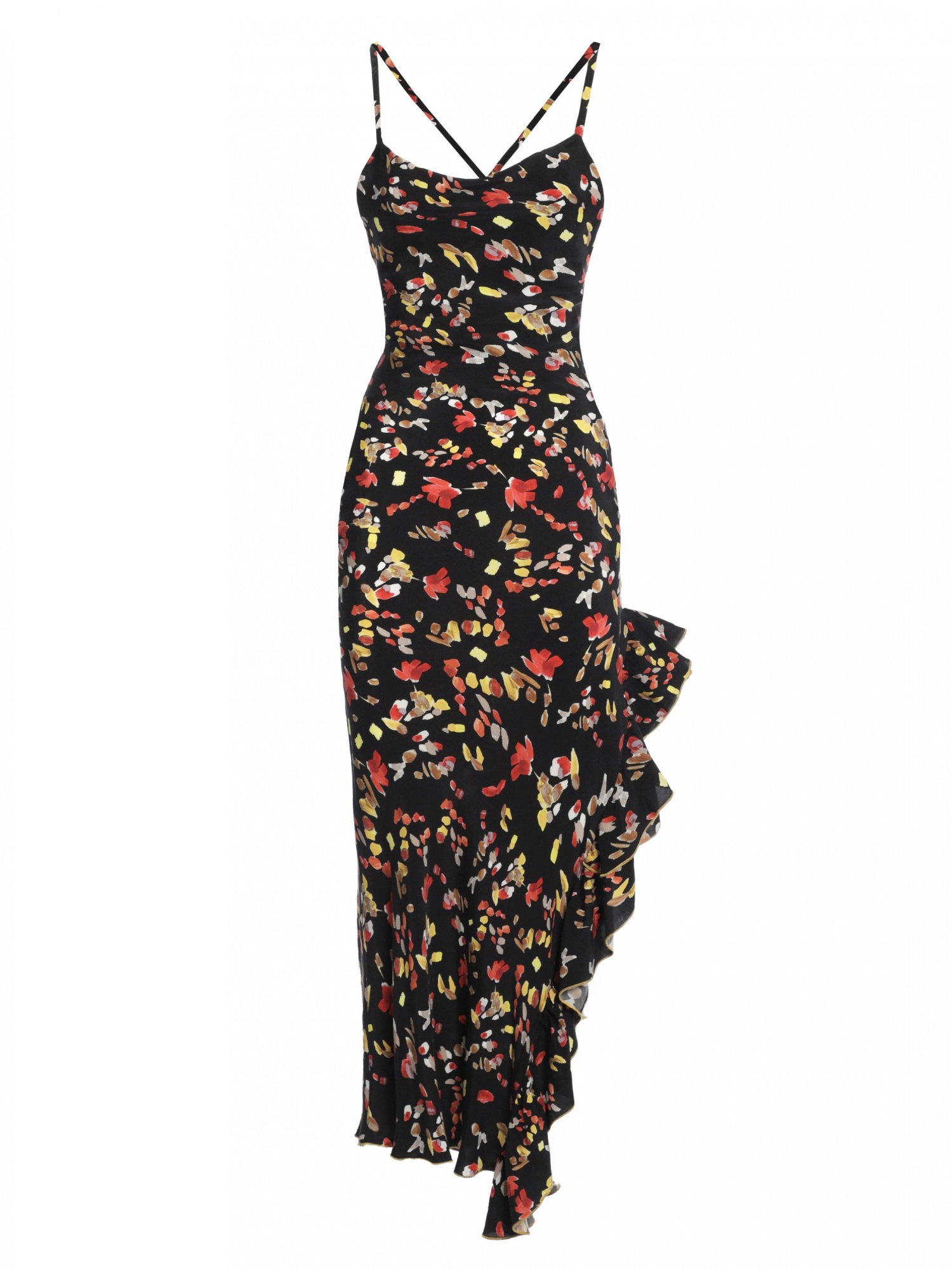Vestito donna midi nero in fantasia a fiori con spacco a balze arricciate, schiena fuori e lacci. Color nero, rosso e giallo. 100% cupro, made in Italy. Acquista online!