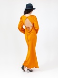 Soft orange satin woman dress, orange long dress, with gathered long sleeves and square neckline, laces at the waist and back out. Orange colour. 100% viscose, made in Italy. For sale online!