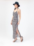 Women's satin dress in animalier pattern, zebra print midi dress, sleeveless, with laces, back out and slit. Black and white colour. 100% viscose, zebra design. made in Italy. Buy online!