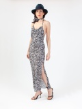 Women's satin dress in animalier pattern, zebra print midi dress, sleeveless, with laces, back out and slit. Black and white colour. 100% viscose, zebra design. made in Italy. Buy online!