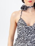 Women's satin dress in animalier pattern, zebra print midi dress, sleeveless, with laces, back out and slit. Black and white colour. 100% viscose, zebra design. made in Italy. For sale online!