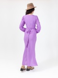 Soft woman dress, lilac midi dress, with long gathered sleeves and V-neck, laces at the waist and slit. Lilac color, jacquard fabric. 100% viscose, made in Italy. Buy online!