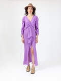 Soft woman dress, lilac midi dress, with long gathered sleeves and V-neck, laces at the waist and slit. Lilac color, jacquard fabric. 100% viscose, made in Italy. For sale online!