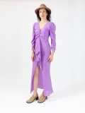 Soft woman dress, lilac midi dress, with long gathered sleeves and V-neck, laces at the waist and slit. Lilac color, jacquard fabric. 100% viscose, made in Italy. For sale online!