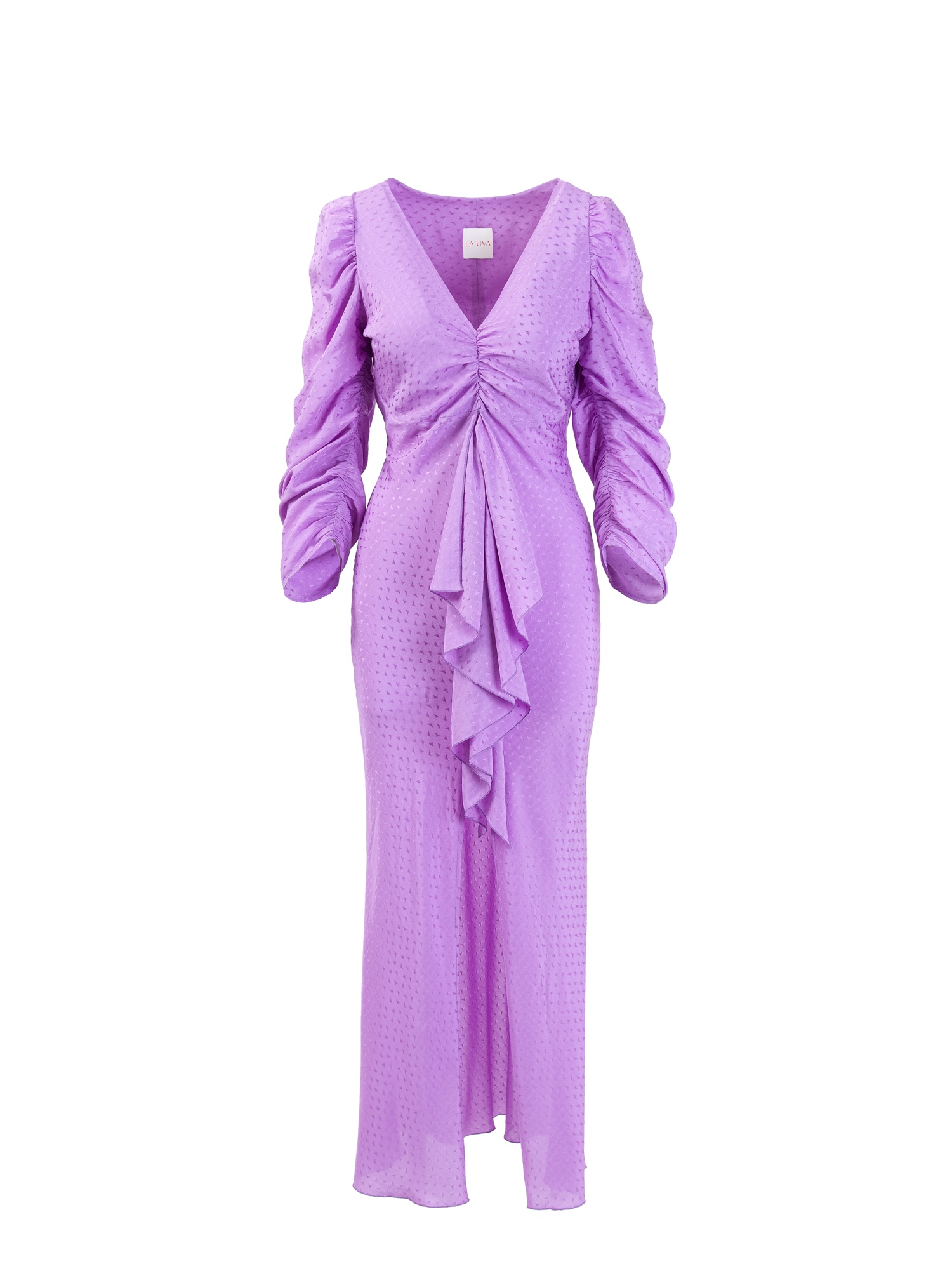 Vestito morbido donna, abito lilla midi, con maniche lunghe arricciate e scollo a V, lacci in vita e spacco. Color lilla, tessuto jacquard. 100% viscosa, made in Italy. Acquista online!