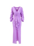 Soft woman dress, lilac midi dress, with long gathered sleeves and V-neck, laces at the waist and slit. Lilac color, jacquard fabric. 100% viscose, made in Italy. Buy online!