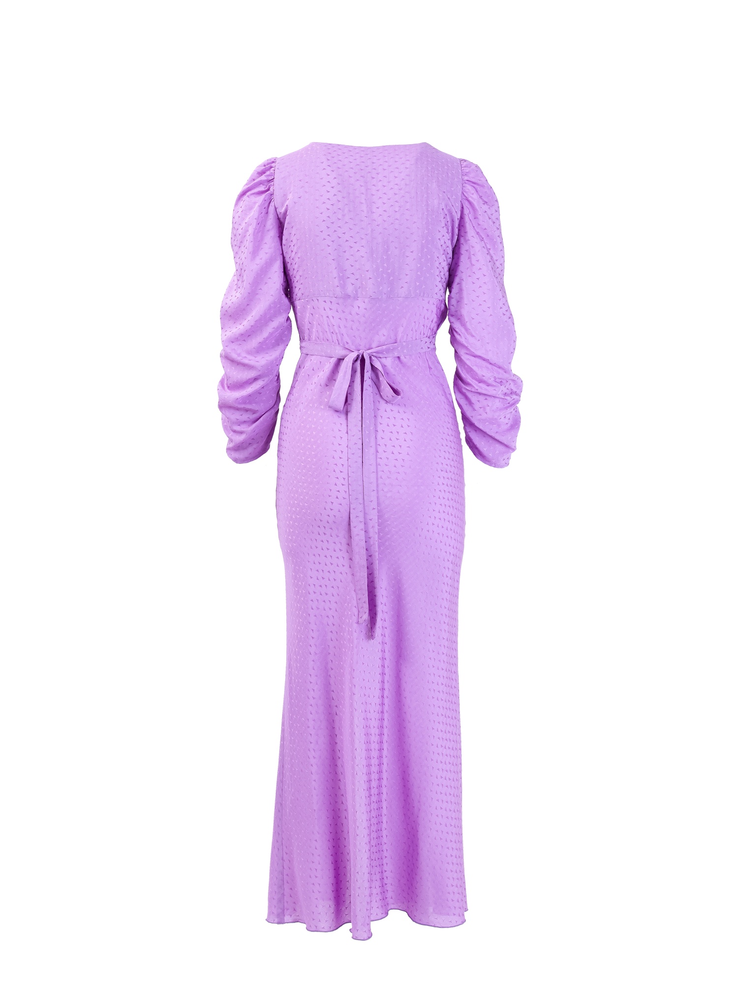 Soft woman dress, lilac midi dress, with long gathered sleeves and V-neck, laces at the waist and slit. Lilac color, jacquard fabric. 100% viscose, made in Italy. Buy online!