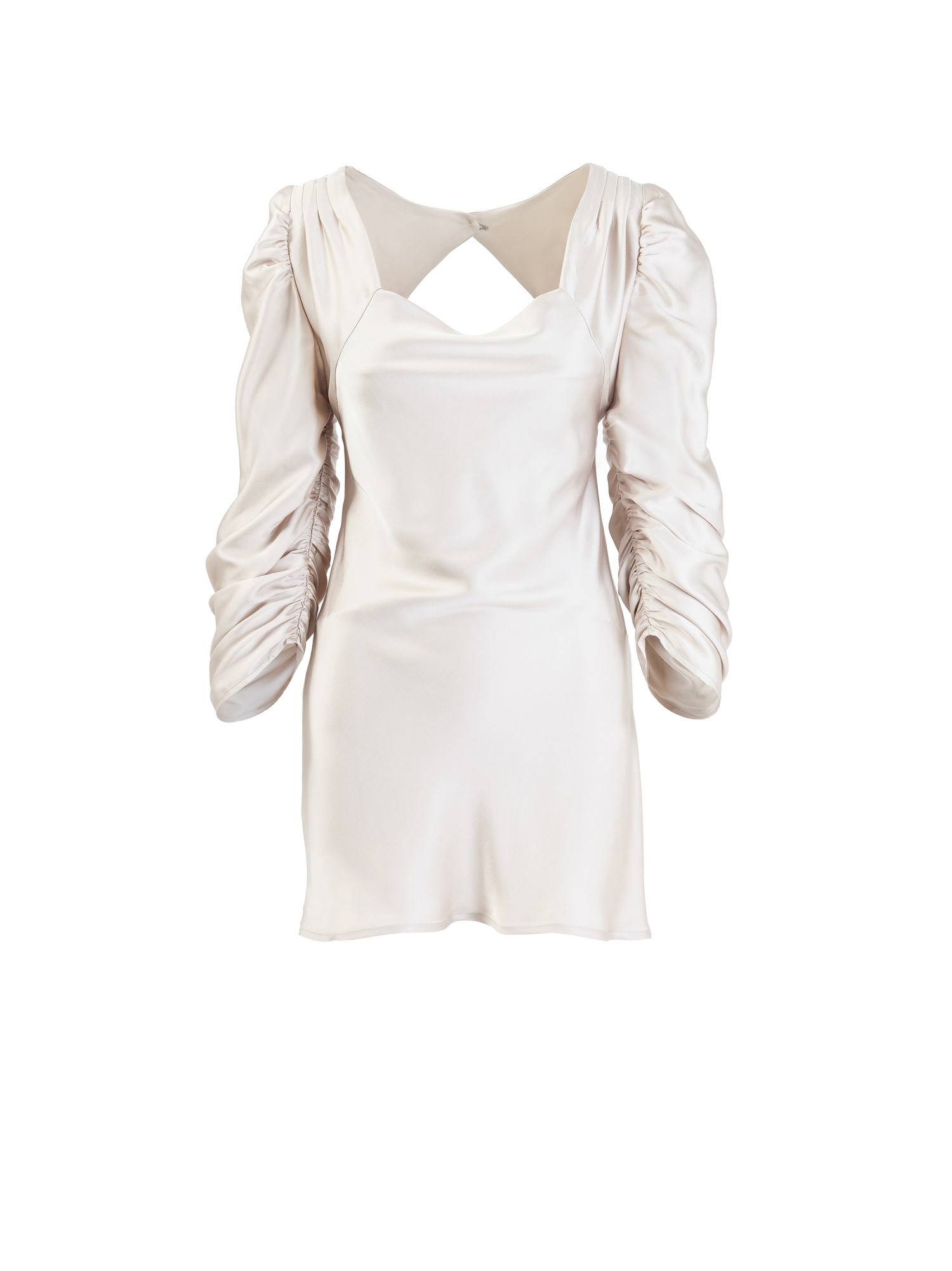 Vestito morbido donna, abito corto avorio, con maniche lunghe arricciate e scollo quadrato e schiena fuori, lacci in vita. Color beige. 100% viscosa, made in Italy. In vendita online!