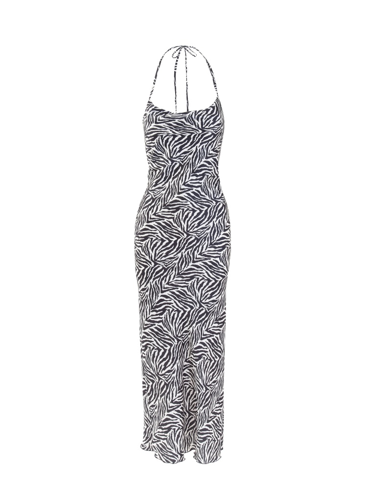 Women's satin dress in animalier pattern, zebra print midi dress, sleeveless, with laces, back out and slit. Black and white colour. 100% viscose, zebra design. made in Italy. For sale online!