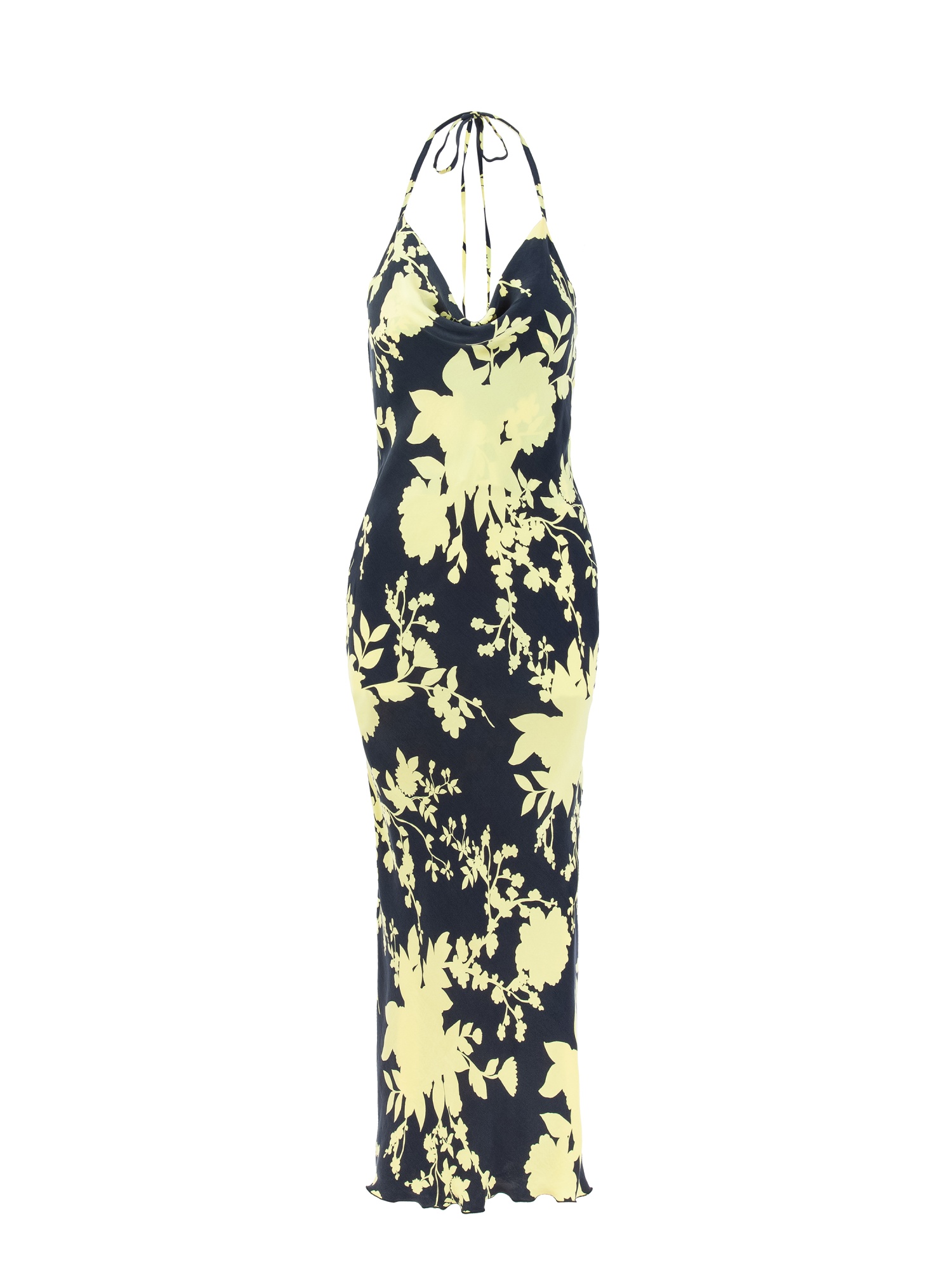 Women's floral patterned dress, long dress with yellow and black flower print, sleeveless, laces and back out. Yellow and black colour. 100% natural cupro, made in Italy. For sale online!