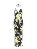 Women's floral patterned dress, long dress with yellow and black flower print, sleeveless, laces and back out. Yellow and black colour. 100% natural cupro, made in Italy. For sale online!