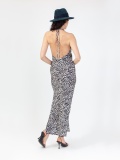 Women's satin dress in animalier pattern, zebra print midi dress, sleeveless, with laces, back out and slit. Black and white colour. 100% viscose, zebra design. made in Italy. For sale online!
