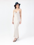 Women's shiny satin dress, long elegant ivory dress, sleeveless, with laces and back out. Champagne colour. 100% viscose, made in Italy. Buy online!