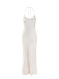 Women's shiny satin dress, long elegant ivory dress, sleeveless, with laces and back out. Champagne colour. 100% viscose, made in Italy. Buy online!