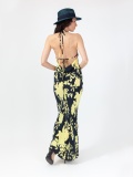 Women's floral patterned dress, long dress with yellow and black flower print, sleeveless, laces and back out. Yellow and black colour. 100% natural cupro, made in Italy. Buy online!