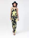 Women's floral patterned dress, long dress with yellow and black flower print, sleeveless, laces and back out. Yellow and black colour. 100% natural cupro, made in Italy. For sale online!