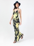 Women's floral patterned dress, long dress with yellow and black flower print, sleeveless, laces and back out. Yellow and black colour. 100% natural cupro, made in Italy. For sale online!