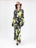 Women's soft dress in floral pattern, black and yellow floral print midi dress, with long gathered sleeves and cowl neckline, ties at the waist. Yellow and black colour. 100% natural cupro, made in Italy. Buy online!
