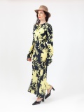 Women's soft dress in floral pattern, black and yellow floral print midi dress, with long gathered sleeves and cowl neckline, ties at the waist. Yellow and black colour. 100% natural cupro, made in Italy. Buy online!