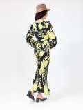 Women's soft dress in floral pattern, black and yellow floral print midi dress, with long gathered sleeves and cowl neckline, ties at the waist. Yellow and black colour. 100% natural cupro, made in Italy. Buy online!