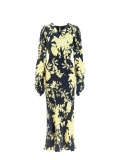 Women's soft dress in floral pattern, black and yellow floral print midi dress, with long gathered sleeves and cowl neckline, ties at the waist. Yellow and black colour. 100% natural cupro, made in Italy. For sale online!
