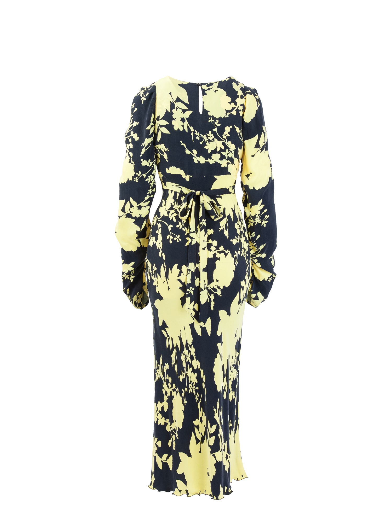 Women's soft dress in floral pattern, black and yellow floral print midi dress, with long gathered sleeves and cowl neckline, ties at the waist. Yellow and black colour. 100% natural cupro, made in Italy. For sale online!