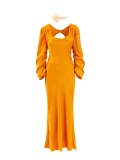Soft orange satin woman dress, orange long dress, with gathered long sleeves and square neckline, laces at the waist and back out. Orange colour. 100% viscose, made in Italy. For sale online!
