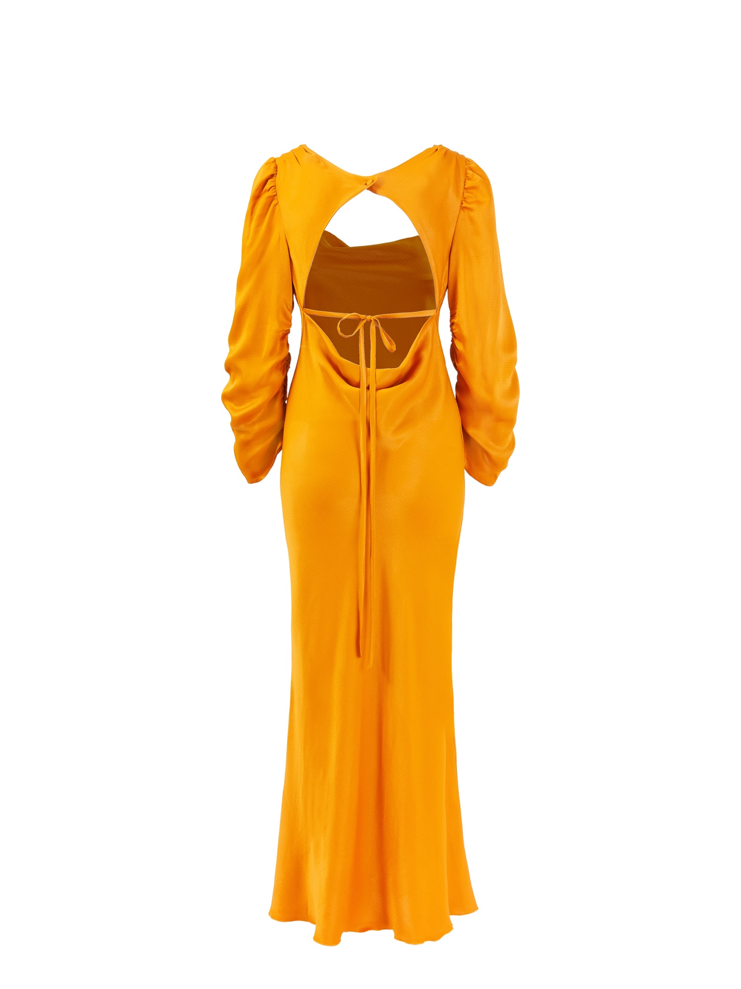 Soft orange satin woman dress, orange long dress, with gathered long sleeves and square neckline, laces at the waist and back out. Orange colour. 100% viscose, made in Italy. For sale online!