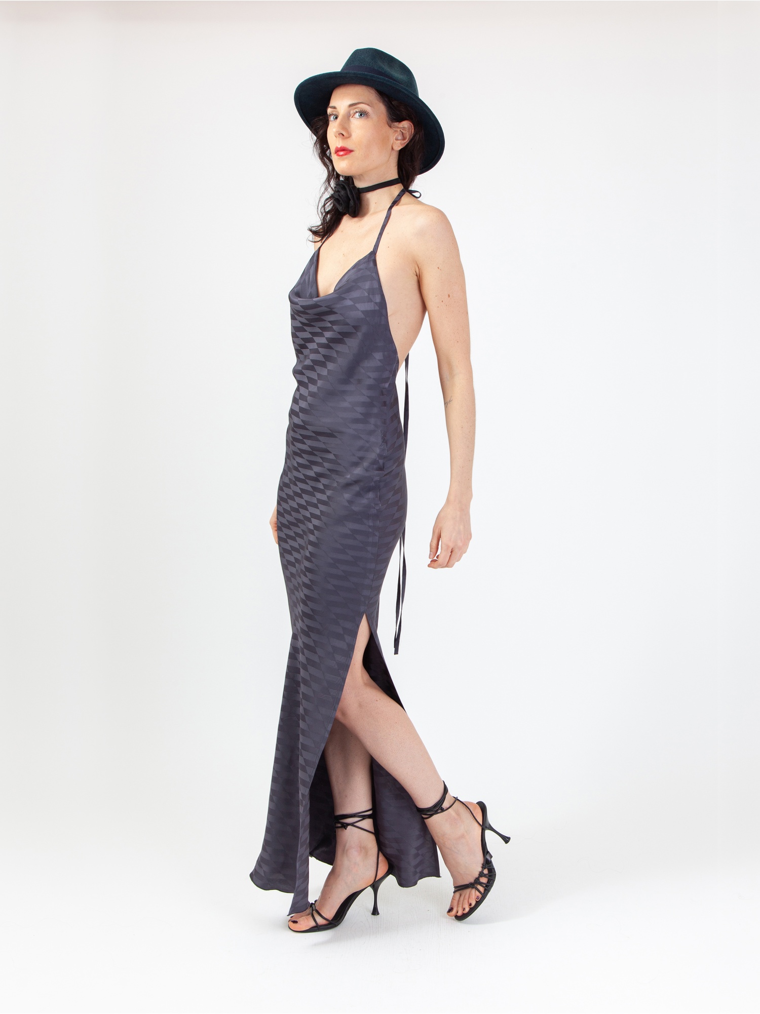 Women's shiny satin dress, long elegant gray dress, sleeveless, with laces, back out and slit. Gray colour. 100% viscose, jacquard design. made in Italy. For sale online!
