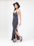 Women's shiny satin dress, long elegant gray dress, sleeveless, with laces, back out and slit. Gray colour. 100% viscose, jacquard design. made in Italy. For sale online!
