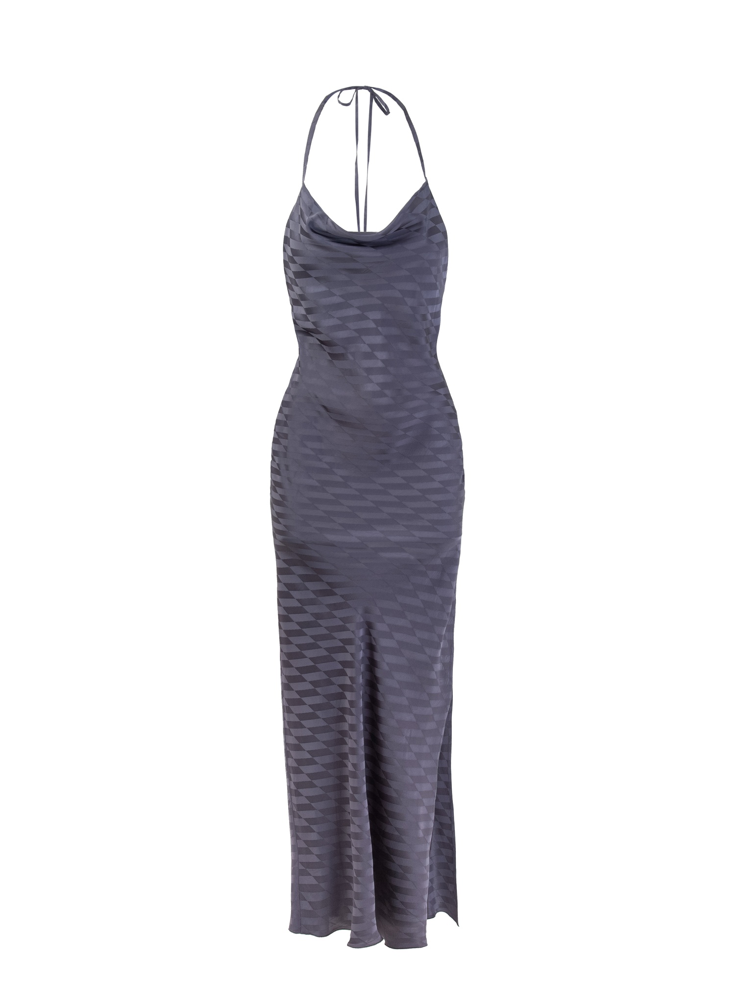 Women's shiny satin dress, long elegant gray dress, sleeveless, with laces, back out and slit. Gray colour. 100% viscose, jacquard design. made in Italy. Buy online!