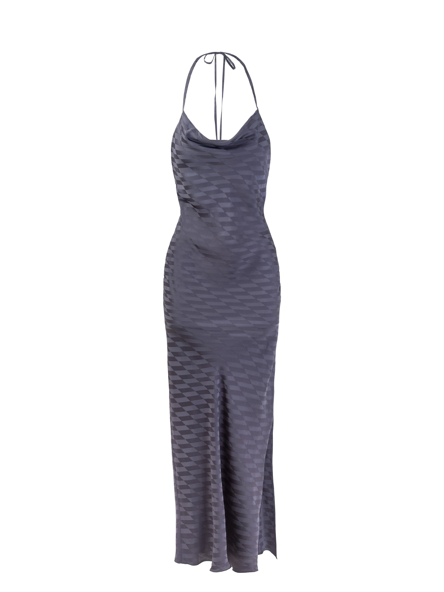 Vestito raso lucido donna, abito lungo grigio elegante , senza maniche, laccetti, schiena fuori e spacco. Color grigio. 100% viscosa, disegno jacquard. made in Italy. Acquista online!